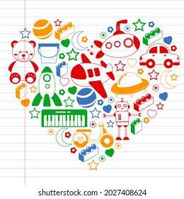 Vector pattern with the collection of toys. Doll, submarine, plane, ship. Children and kindergarten illustration.
