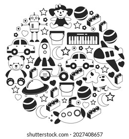 Vector pattern with the collection of toys. Doll, submarine, plane, ship. Children and kindergarten illustration.