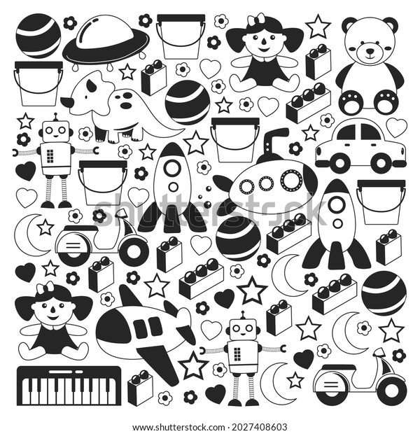 Vector pattern\
with the collection of toys. Doll, submarine, plane, ship. Children\
and kindergarten\
illustration.