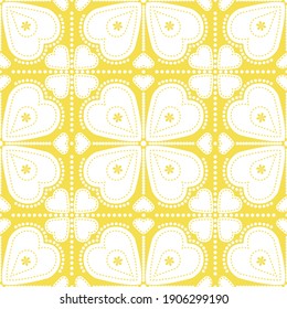 Vector pattern in color of 2021, Illuminating yellow.  Hearts and dots elements on yellow background. Pattern tiles swatches included