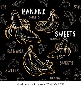 Vector pattern with color banana illustration, black background, blackboard or chalkboard