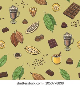 Vector pattern of color drawings of cocoa and chocolate.