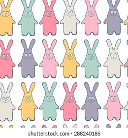 Vector pattern with color rabbit silhouette, seamless. Pink, yellow, red, mint, grey bunnies on white background. 