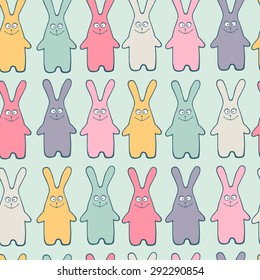 Vector pattern with color rabbit silhouette. Seamless. Yellow, pink, grey, green bunny on mint background.