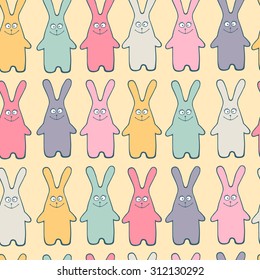 Vector pattern with color rabbit silhouette. Hand drawn doodle animals for baby things. Seamless. Yellow, pink, green, gray colors.
