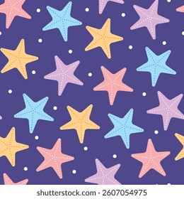 Vector pattern with colored blue, pink, purple starfish