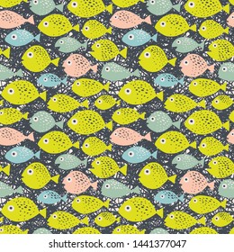 Vector pattern with colored fishes on a black background.