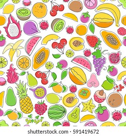Vector pattern of colored hand drawn fruit and berries icons. Doodle set of different cut fruits and berries. Healthy food. Exotic fruits. Collection of fruits and berries