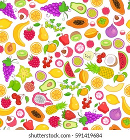Vector pattern of colored hand drawn fruit and berries icons. Doodle set of different cut fruits and berries. Healthy food. Exotic fruits. Collection of fruits and berries