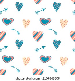Vector pattern with colored hearts and arrows in doodle style, 80s style, Valentine's day. Romantic illustration for postcards, stickers, print on clothes, design.