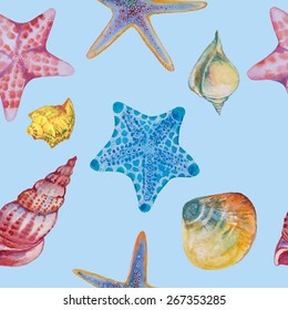  vector pattern of colored sea shells and sea fishs painted watercolor
