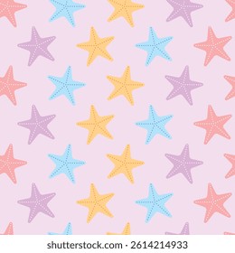 Vector pattern with colored starfish on a purple background