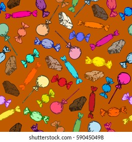 Vector pattern of colored sweets, chocolate and candies on caramel color background.