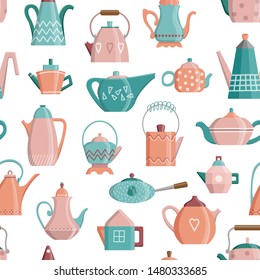 Vector pattern of colored tea pots