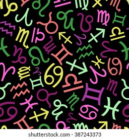 Vector pattern with colorful astrological signs of Zodiacs on black background. Seamless pattern can be used for wallpaper, pattern fills, web page background,surface textures.