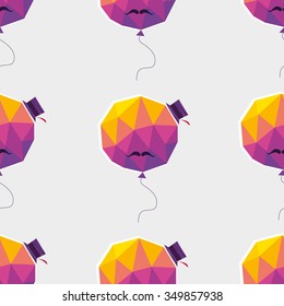 Vector pattern with colorful balloon with mustache and hat on light grey background. Seamless pattern can be used for wallpaper, pattern fills, web page background,surface textures.