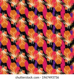 vector pattern of colorful bright carnival feathers on dark background. Editable vector illustration for flyer, poster, banner, web site, social media post