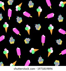 Vector pattern with colorful bright ice cream on stick, with waffles, fruits popsicle, on white backdrop. Hand painted sweet summer dessert background for textile and scrapbooking, print