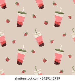 Vector pattern with colorful bubble tea with strawberries on beige background. Print design for textile, fabric, wallpaper, wrapping, apparel.