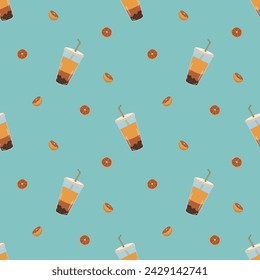 Vector pattern with colorful bubble tea and oranges on blue background. Print design for textile, fabric, wallpaper, wrapping, apparel.