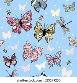 Vector pattern with colorful butterflies, dragonfly and bee