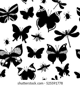 Vector pattern with colorful butterflies, dragonfly, bugs and bee