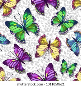Vector pattern with colorful butterflies on white floral background. Seamless pattern can be used for wallpaper, pattern fills, web page background, surface textures.