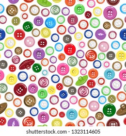 Vector pattern of colorful buttons for clothes, art and crafts in various bright colors on white background. Handicraft and hobby. Suitable for wrapping paper, textiles, wallpaper.