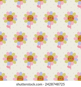 Vector pattern with colorful cartoon flowers on a beige background. Summer illustration