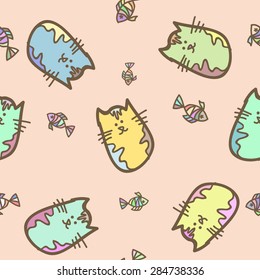 Vector pattern of colorful cats and fish for your design