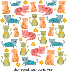 vector pattern with colorful cats and flowers without a background