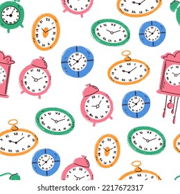 Vector pattern of colorful cute watches. Chalk illustration of alarm clocks and clocks on a white background.