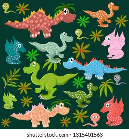 Vector pattern. Colorful dinosaurs on the background of a wild prehistoric forest. Background for textiles and fabrics.