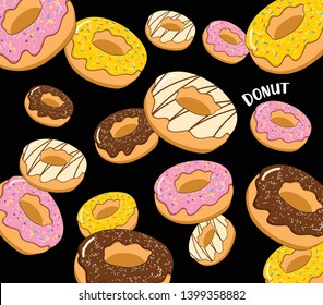 Vector pattern with colorful donuts and chocolate donuts. Fresh and tasty donuts illustration on black background - vector