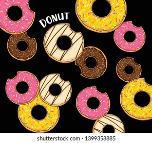 Vector pattern with colorful donuts and chocolate donuts. Fresh and tasty donuts illustration on black background - vector