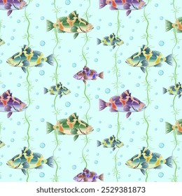 Vector pattern with colorful fish.Vector seamless pattern with colorful fish, bubbles and water grass on a blue background.