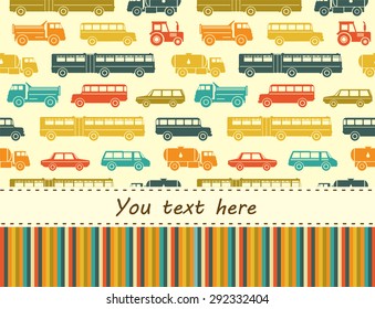 Vector pattern with colorful flat car icons and place for text. Baby shower background.