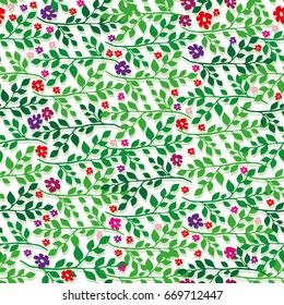 Vector pattern with colorful flowers and leaves on white background. Seamless pattern can be used for wallpaper, pattern fills, web page background,surface textures.