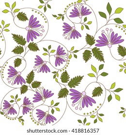 Vector pattern, colorful flowers in the Oriental style. Interweaving of branches and leaves.