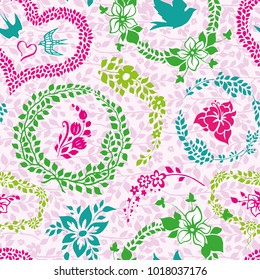 Vector pattern with colorful flowers, plants and birds in frames on pink background. Seamless pattern can be used for wallpaper, pattern fills, web page background, surface textures.