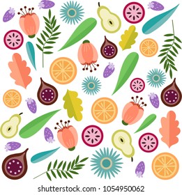 vector pattern of colorful fruits and flowers without background