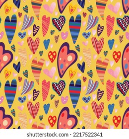 Patrón vectorial de coloridos corazones divertidos. Diseño de San Valentín. Patrón sin foco.