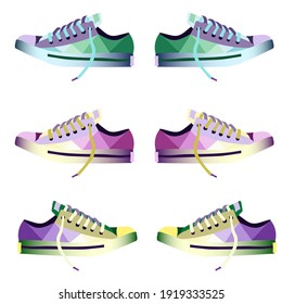 Vector pattern of colorful gym shoes drawn in origami style. Gym shoes are arranged in even rows.