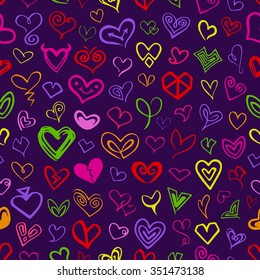 Vector pattern with colorful hearts icons on violet background. Seamless pattern can be used for wallpaper, pattern fills, web page background,surface textures.