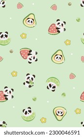 Vector pattern colorful illustration. Art with pandas and fruits in a childish style.