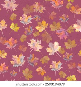 Vector pattern with colorful maple leaves and leaves contours. Endless texture on bordo background. Print for home textile, women's wear, wrapping paper