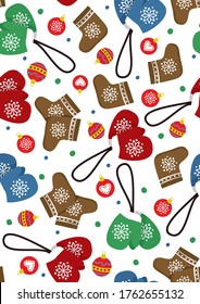 Patrón vectorial con mitones coloridos, botas de fieltro y bolas navideñas. Ilustración de invierno. Diseño para telas, embalajes, tarjetas, carteles, banners, impresos y web.