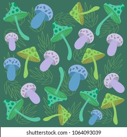 vector pattern of colorful mushrooms on a green background with leaves