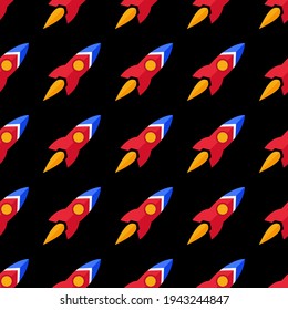 Vector pattern with colorful rockets on black background.