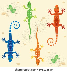 Vector pattern with colorful running lizards geckos